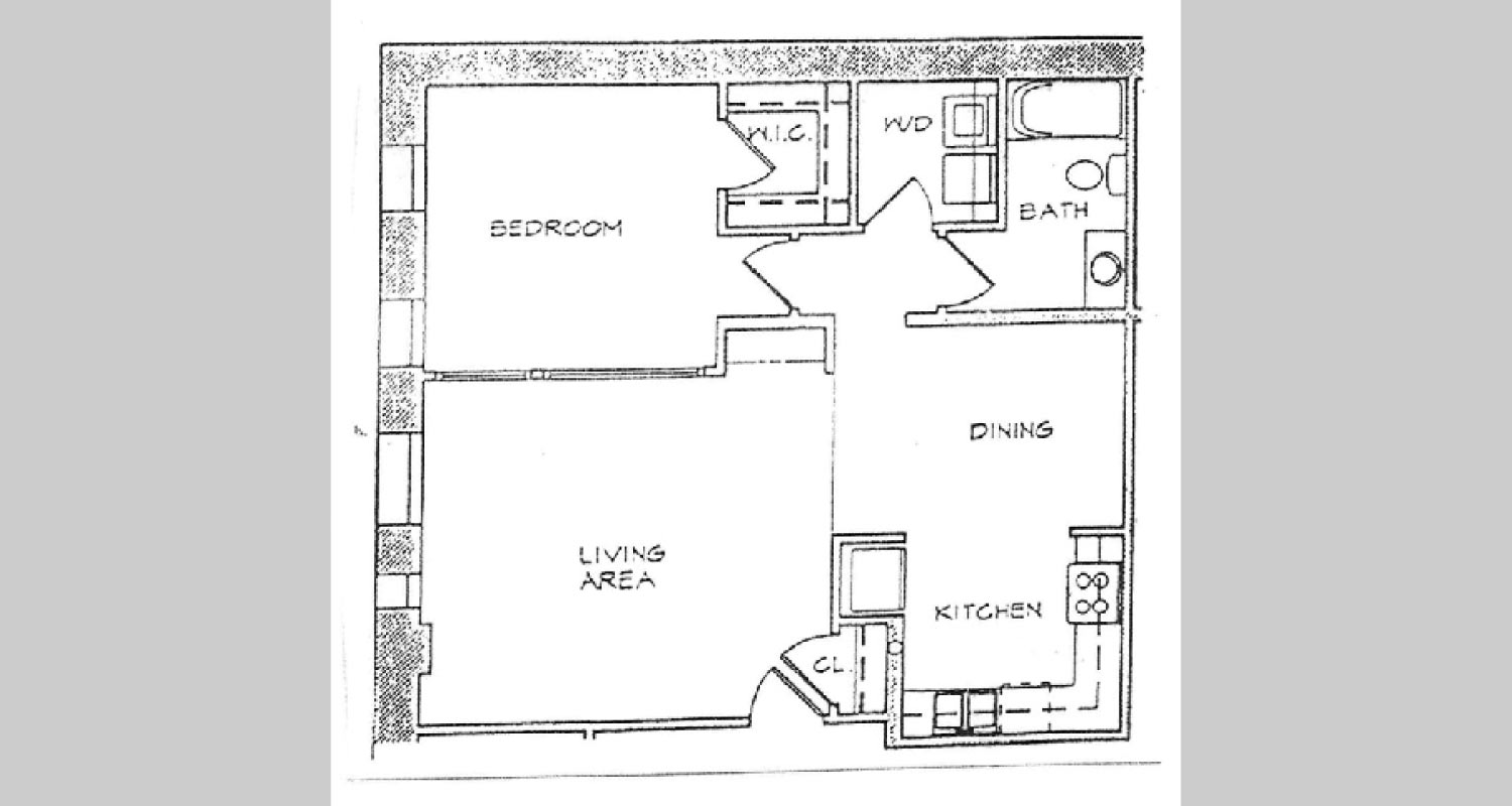 1 bedroom floorplan, units 401 and 501