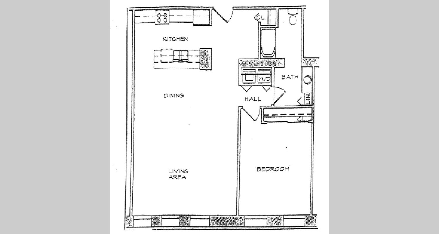 1 bedroom floorplan, units 403 and 503