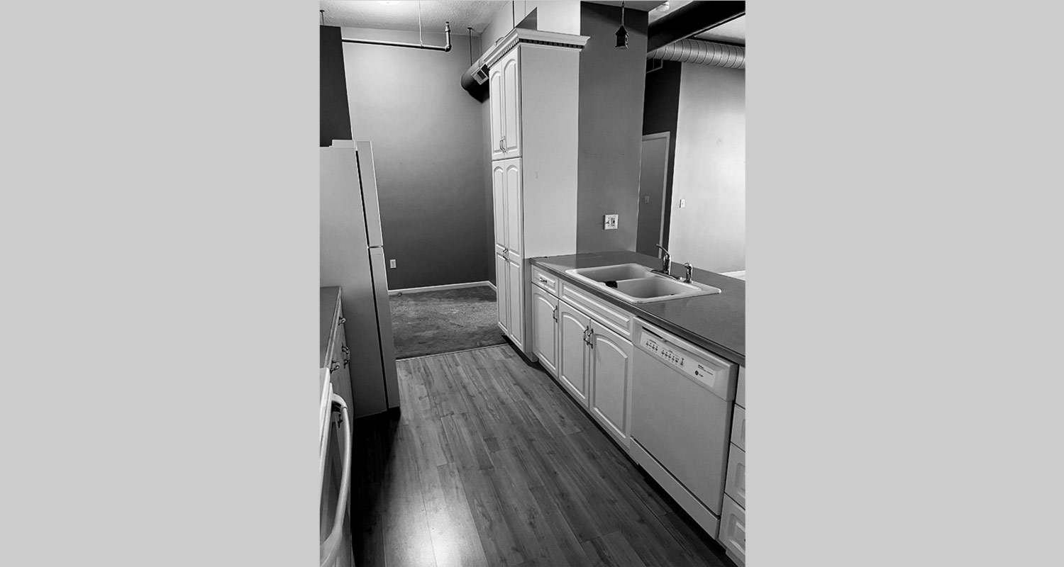 View of kitchen island and sink looking out to living area